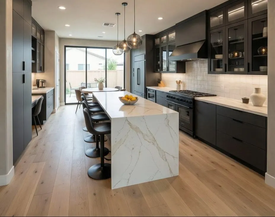Kitchen after Blackwood remodel — matte black cabinetry with marble island