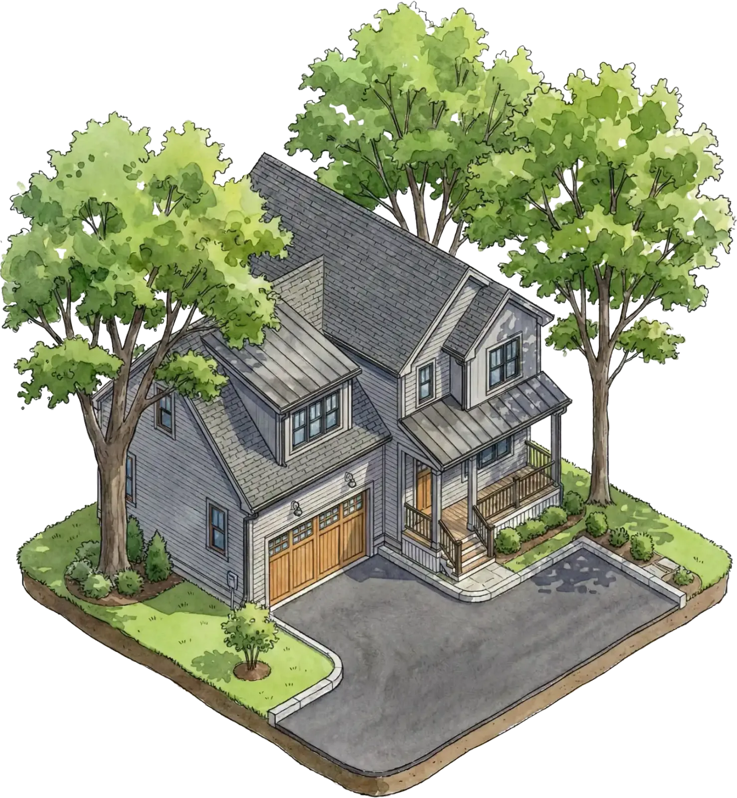 Illustration of a two-story gray house with a porch, double garage, driveway, and lush green trees and shrubs—expertly crafted by Cedar Hill Construction Managers.