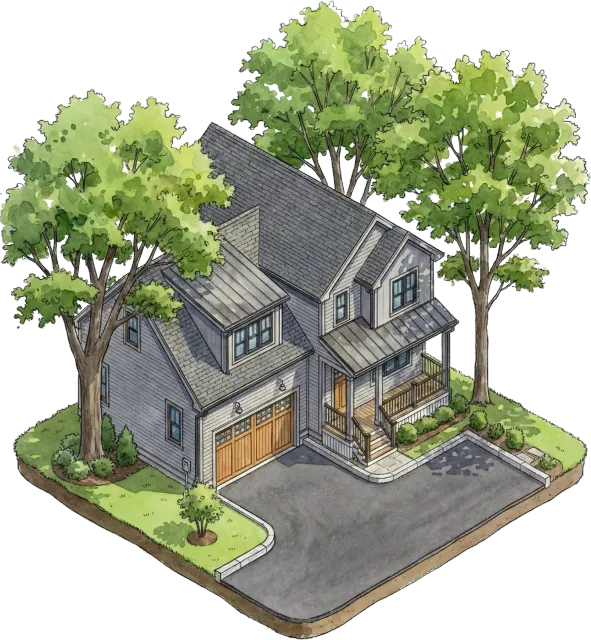 Illustration of a two-story gray house with a porch, double garage, driveway, and lush green trees and shrubs—expertly crafted by Cedar Hill Construction Managers.