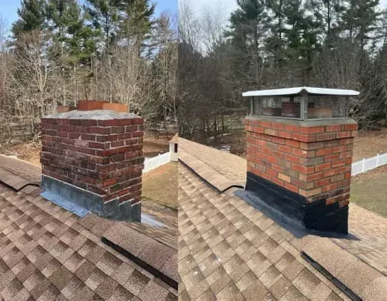 Chimney before/after: Brick chimney on roof; left, weathered; right, cleaned with new cap and flashing.