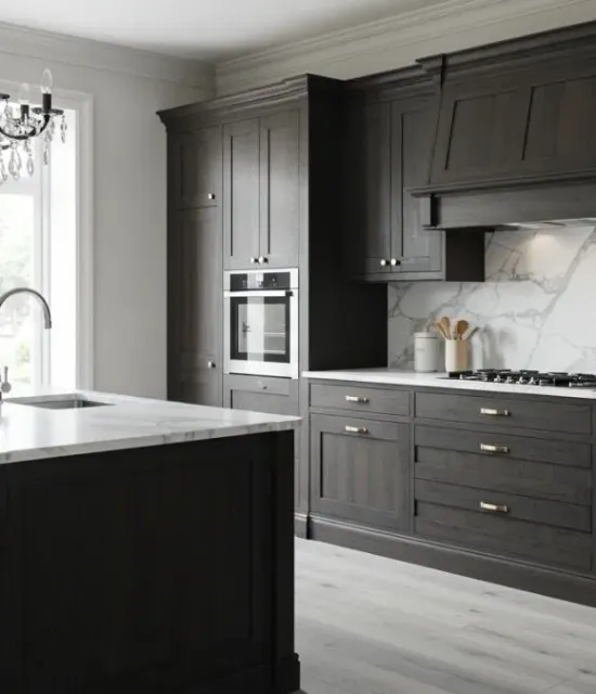 Modern dark-gray kitchen with marble countertops, white backsplash, built-in oven, and gas cooktop.