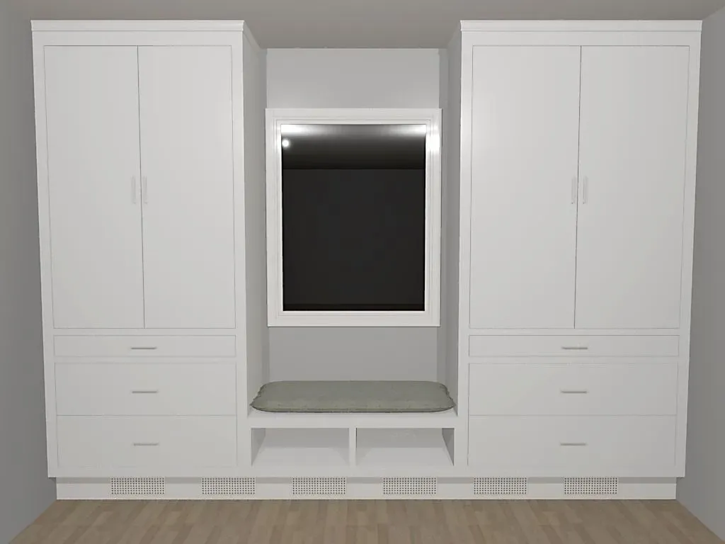 A room with white cabinets, drawers, a bench, and a flat-screen TV.
