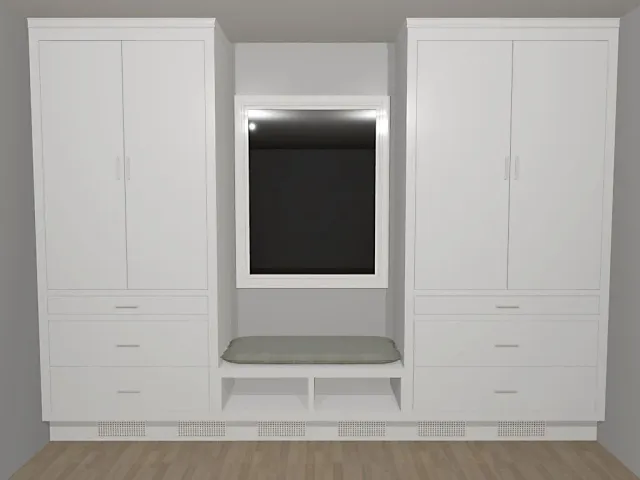 A room with white cabinets, drawers, a bench, and a flat-screen TV.