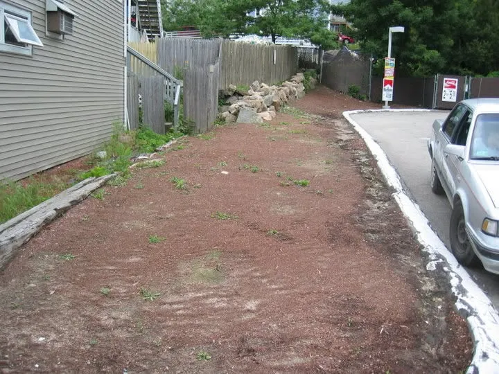 Regraded side yard with new granite curbing and boulder edging