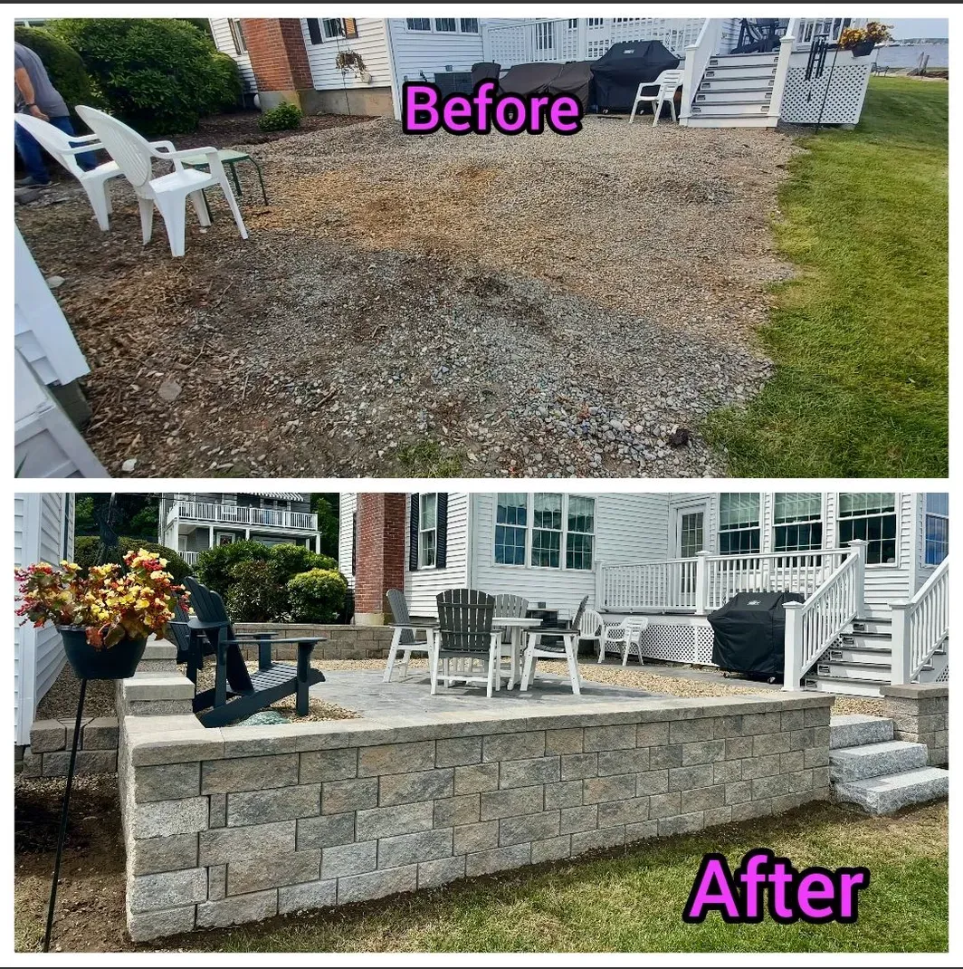 Rock Solid Landscaping - completed stone patio and retaining wall project in Rhode Island