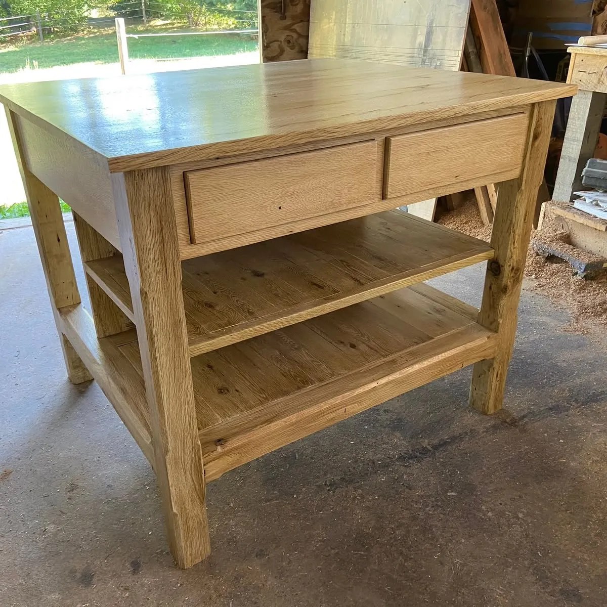 Custom-built wood kitchen island in the shop