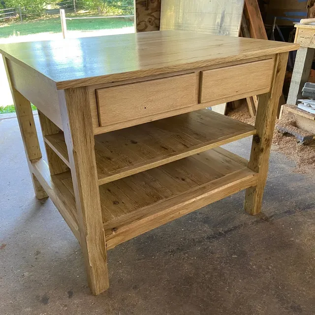 Custom-built wood kitchen island in the shop