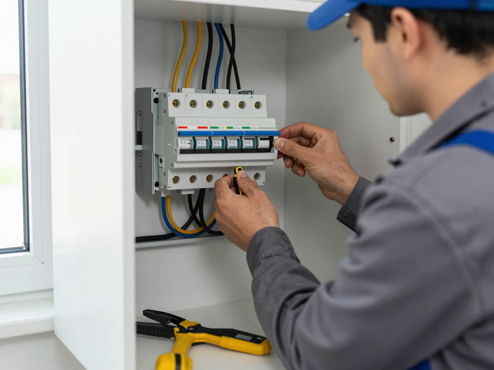Licensed electrician installing residential circuit breaker panel