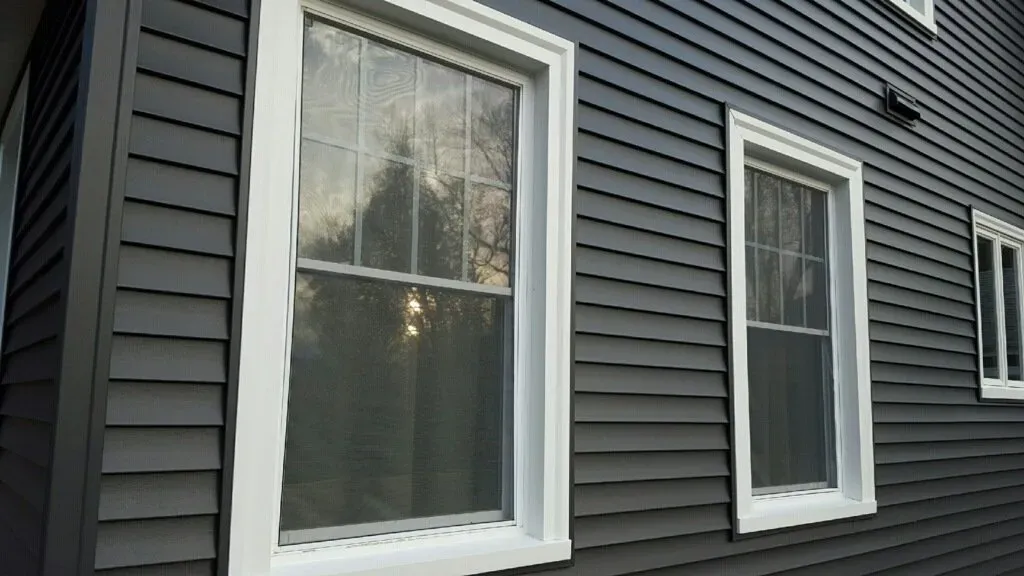 Two white-framed windows on the exterior of a house with dark gray horizontal siding.