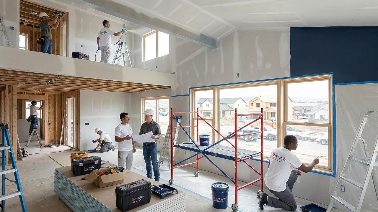 Top Notch Pro Painting team providing professional interior painting services in a newly constructed home, including walls, ceilings, and trim.