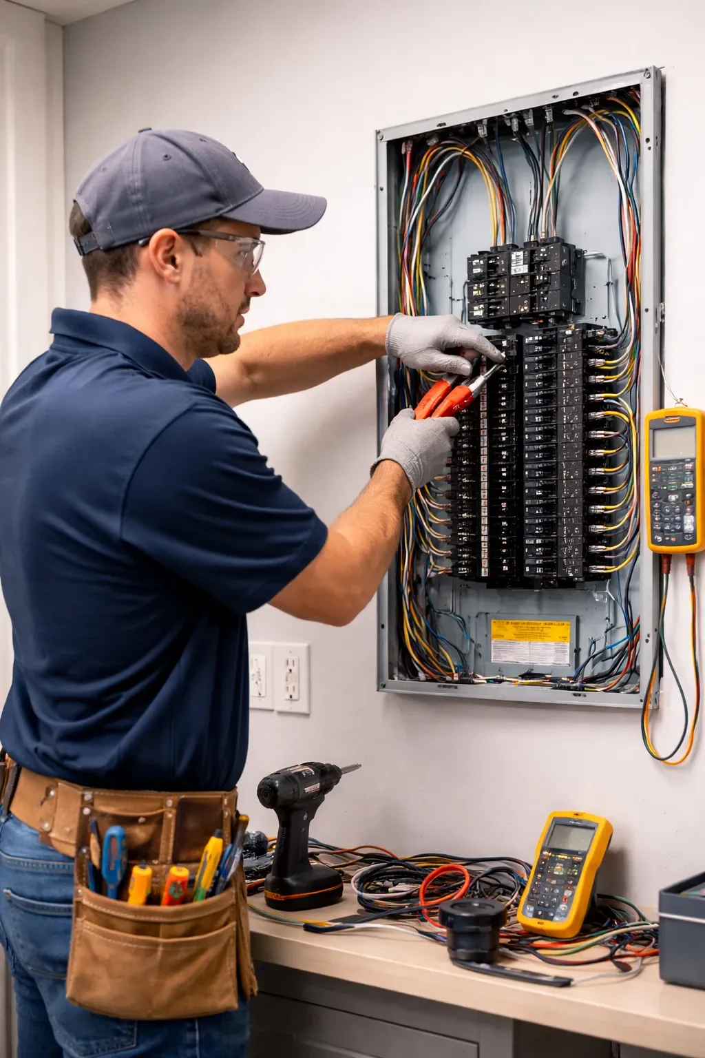 electrician upgrading a residential electrical panel and circuit breakers