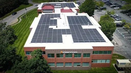 Commercial rooftop solar array, aerial view