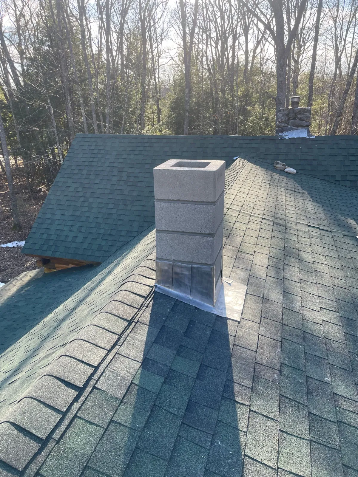 A chimney on a house with a green shingle roof, surrounded by a wooded area with leafless trees.
