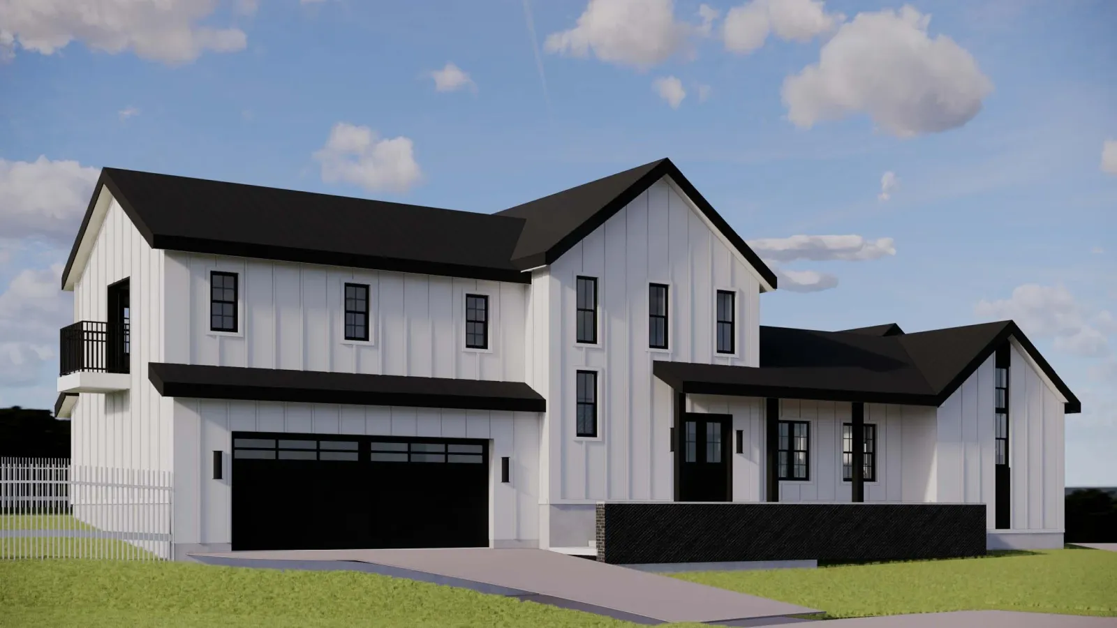 Modern white two-story house with black roof and windows, featuring a balcony and a garage, set against a partly cloudy sky.