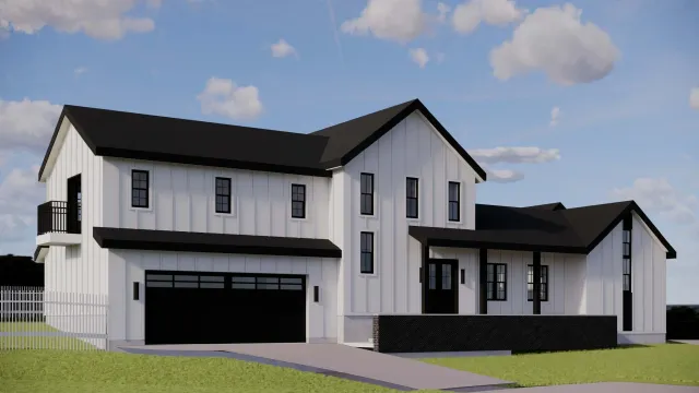 Modern white two-story house with black roof and windows, featuring a balcony and a garage, set against a partly cloudy sky.