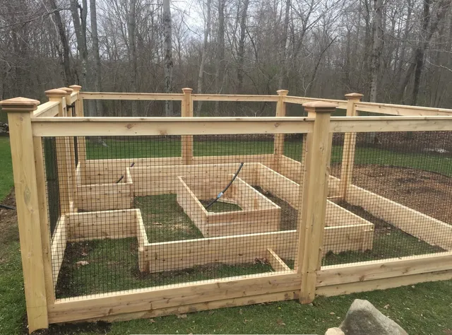 Cedar-framed garden fence with black welded wire and post caps enclosing raised beds, bare spring woods behind.