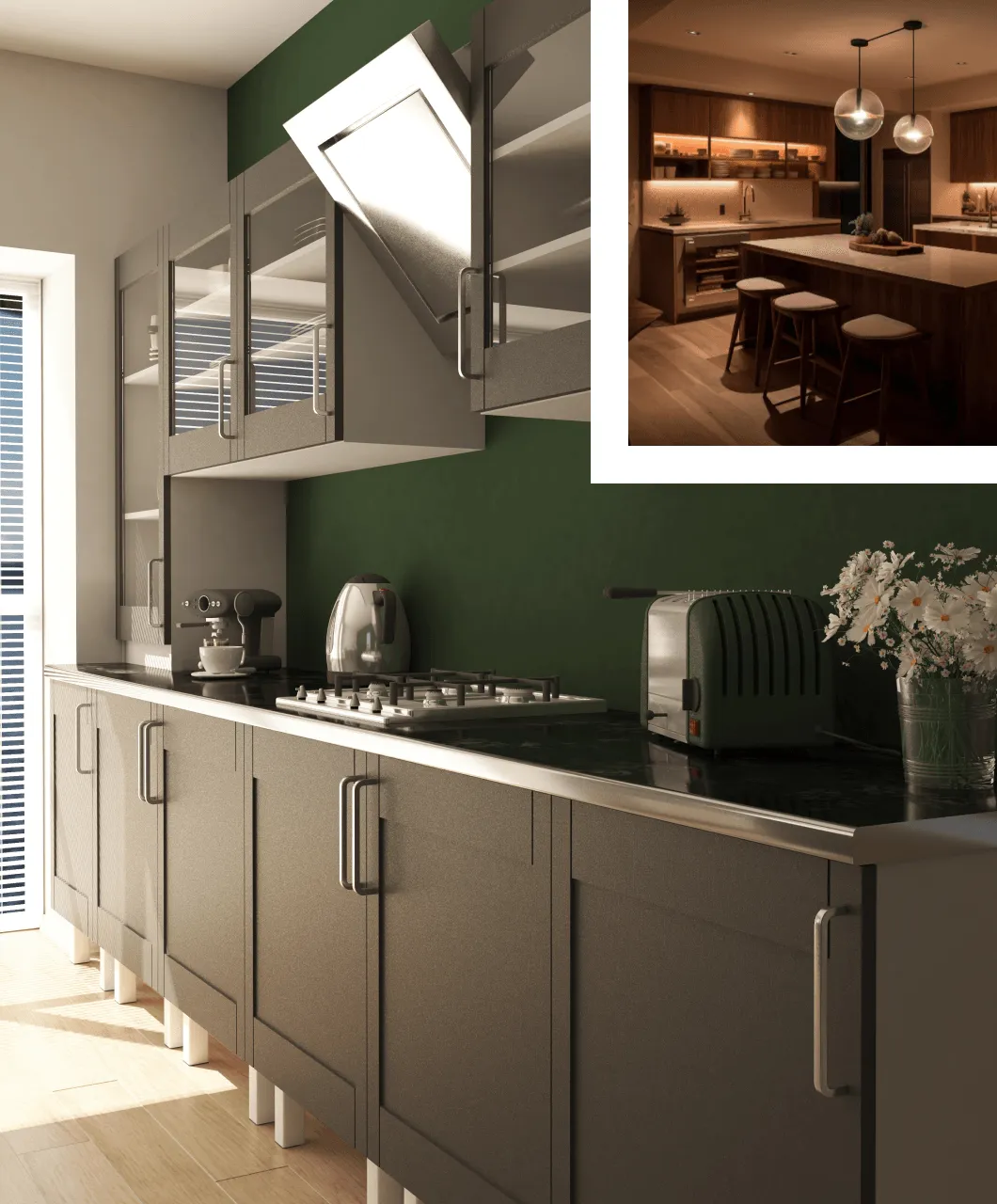 Modern kitchen interior with gray cabinets, stainless steel appliances, and a green wall, featuring a well-lit dining area in the background.