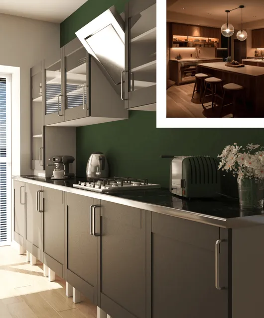 Modern kitchen interior with gray cabinets, stainless steel appliances, and a green wall, featuring a well-lit dining area in the background.