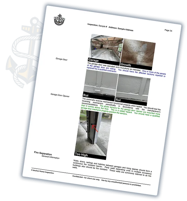 A CT Home Inspection report page displays images of garage door wood rot, garage floor growth, a garage door opener issue, and insufficient fire separation, each labeled with descriptive text.