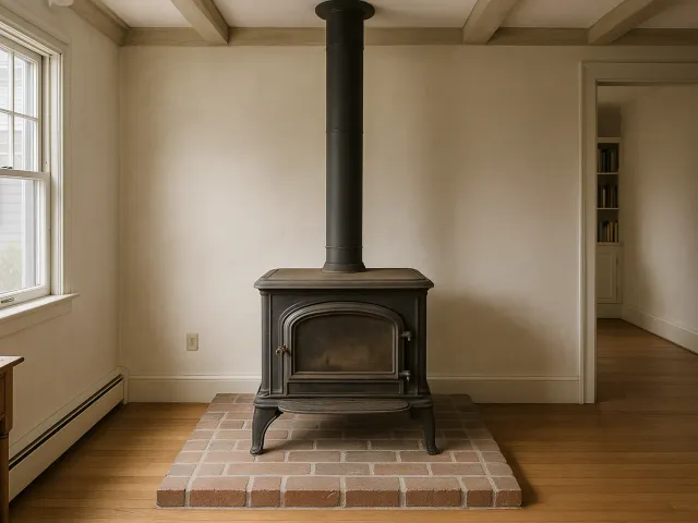 An older cast-iron wood stove on a brick hearth pad