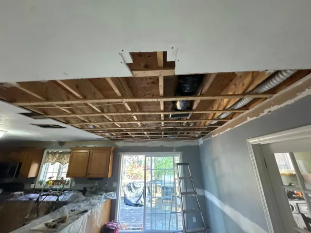 Kitchen under renovation with exposed ceiling joists, gray walls, and a ladder by the back door.