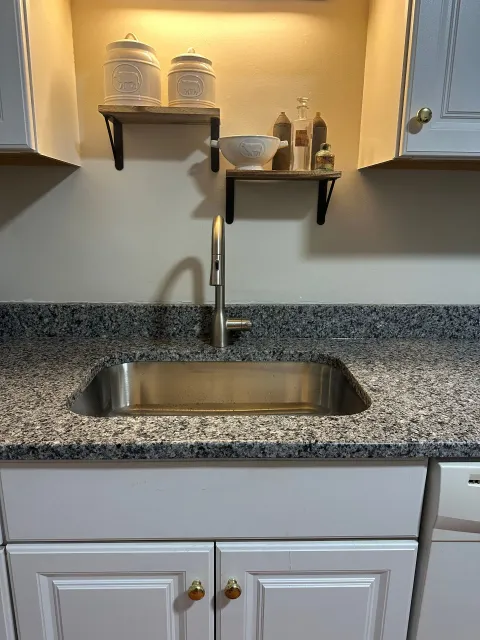 Kitchen sink with granite countertop and white cabinets, shelves with jars, and seasonings.