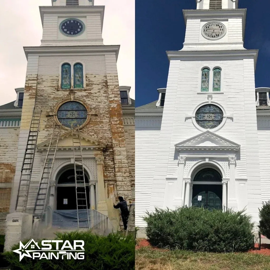 A side-by-side comparison of a church building before and after exterior painting. The left side shows the church with peeling and weathered paint, while the right side displays the same church newly painted and refurbished. A ladder is present on the left side. The image includes the logo 'Star Painting' in the lower left corner.