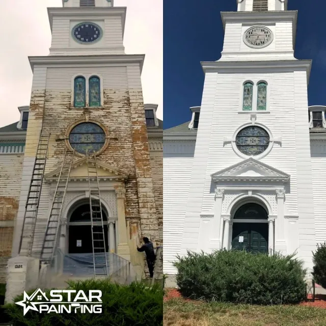 A side-by-side comparison of a church building before and after exterior painting. The left side shows the church with peeling and weathered paint, while the right side displays the same church newly painted and refurbished. A ladder is present on the left side. The image includes the logo 'Star Painting' in the lower left corner.