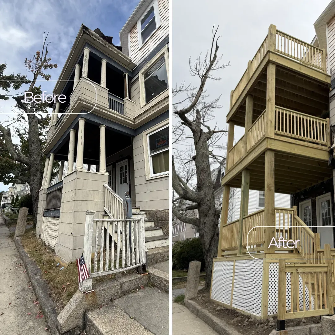 Before and after multi-level porch and deck rebuild in Everett, MA — Tinbercraft Construction