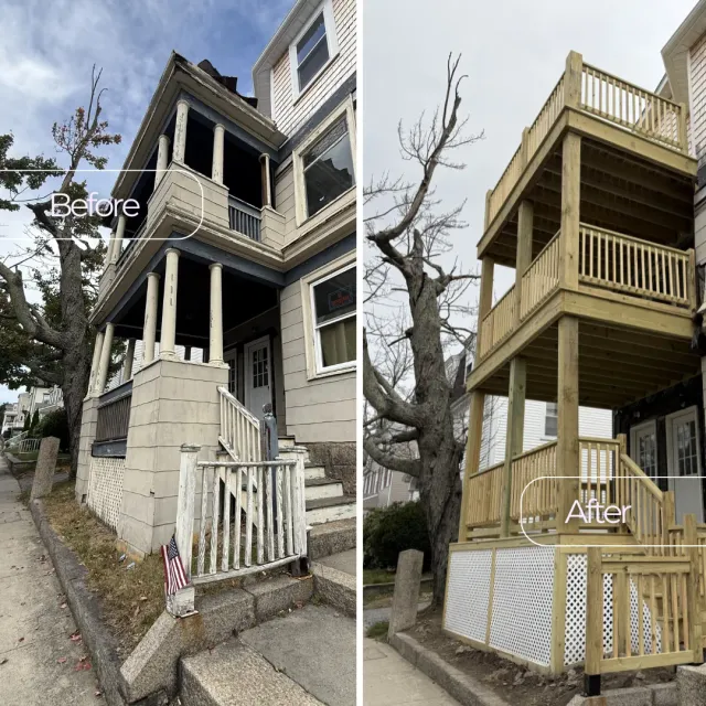 Before and after multi-level porch and deck rebuild in Everett, MA — Tinbercraft Construction