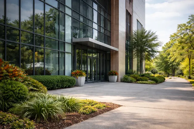 modern commercial office building exterior with landscaped entrance and electrical infrastructure supporting business operations