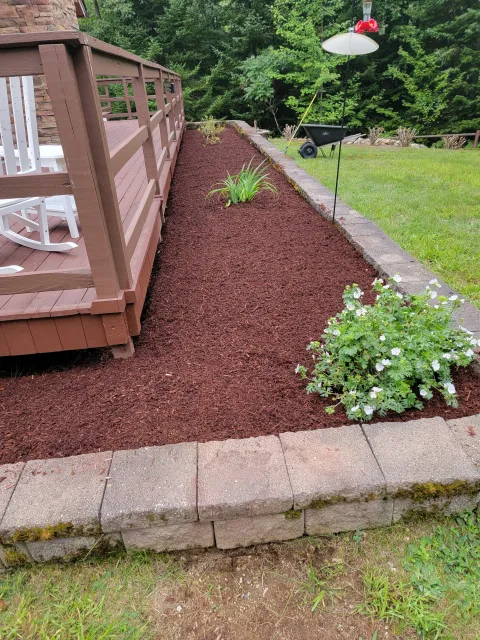 Garden bed with fresh mulch, plants, and a hummingbird feeder next to a wooden deck and grassy lawn.