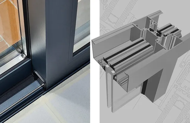 Finishing details on sliding window and cross-section details on aluminum profile