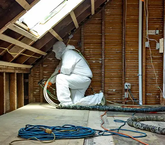 Person spraying foam into walls of home in Maine