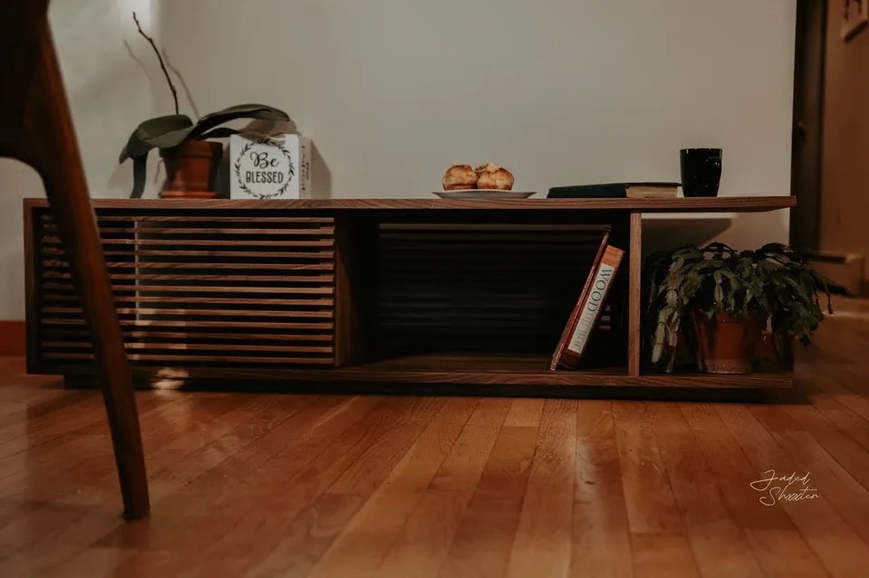 This piece can be sized to fit your room. Can be made in walnut, as pictured or in Cherry, Maple, or Oak. Also available with a black ebonized wood base. Contact me to discuss options and pricing.