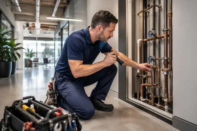 Plumber kneeling beside exposed copper pipes, inspecting a wall-mounted plumbing system in a bright hallway