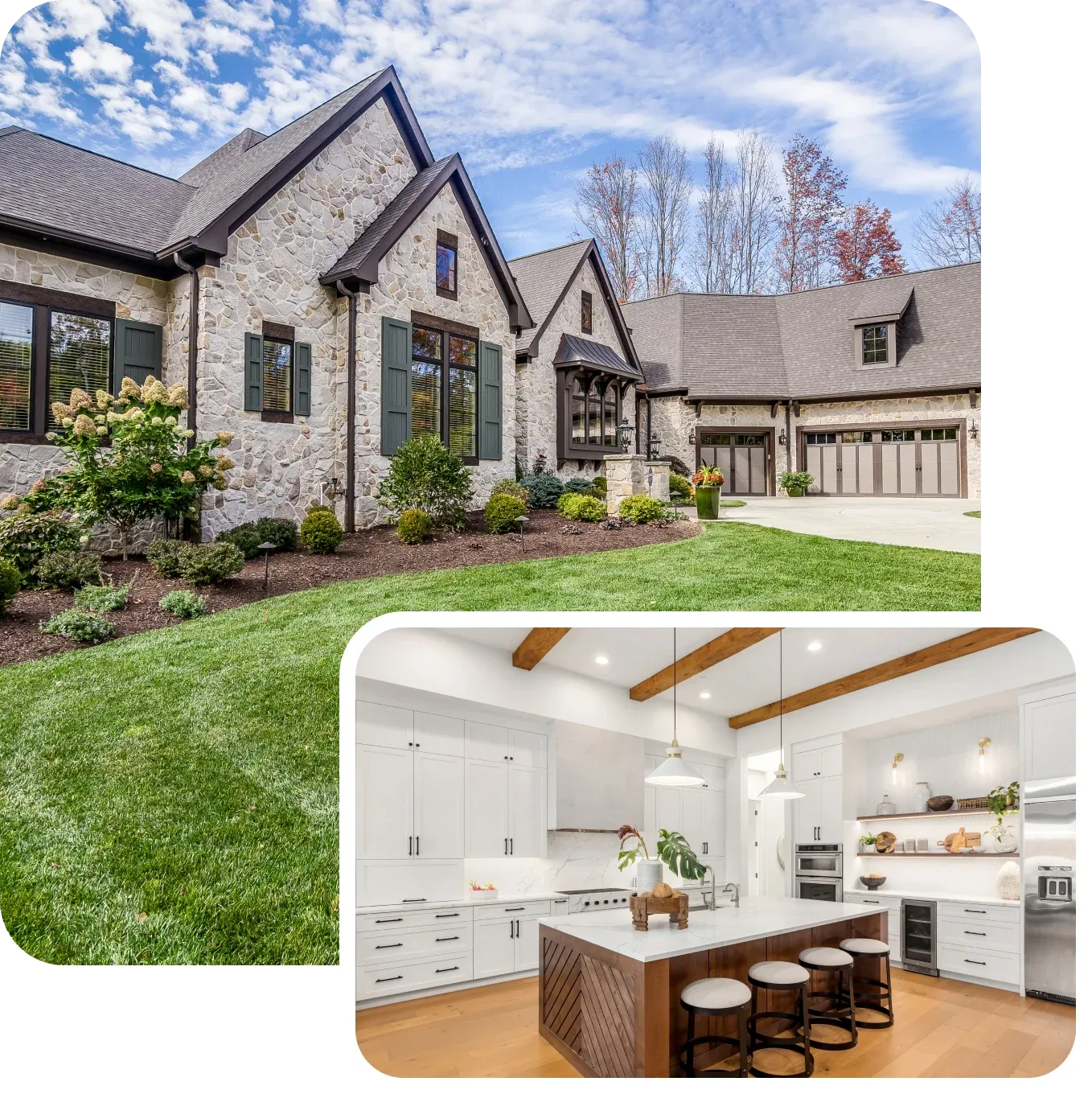 Luxury home exterior and kitchen interior.
