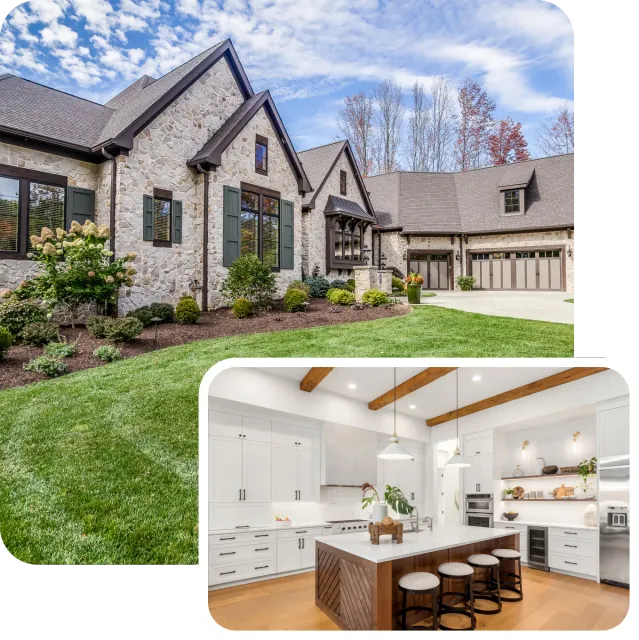 Luxury home exterior and kitchen interior.