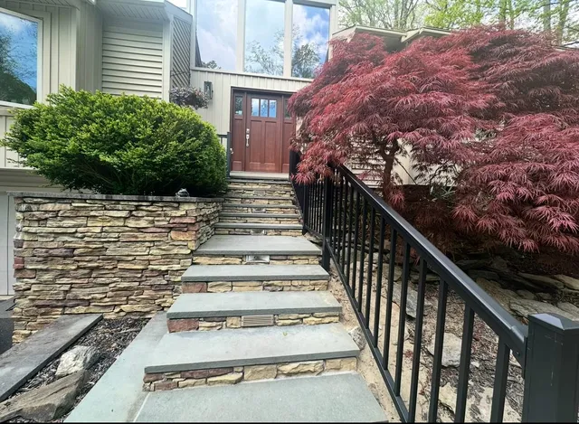 Black aluminum railing along bluestone-and-stone entry steps leading to a wood front door past a red maple