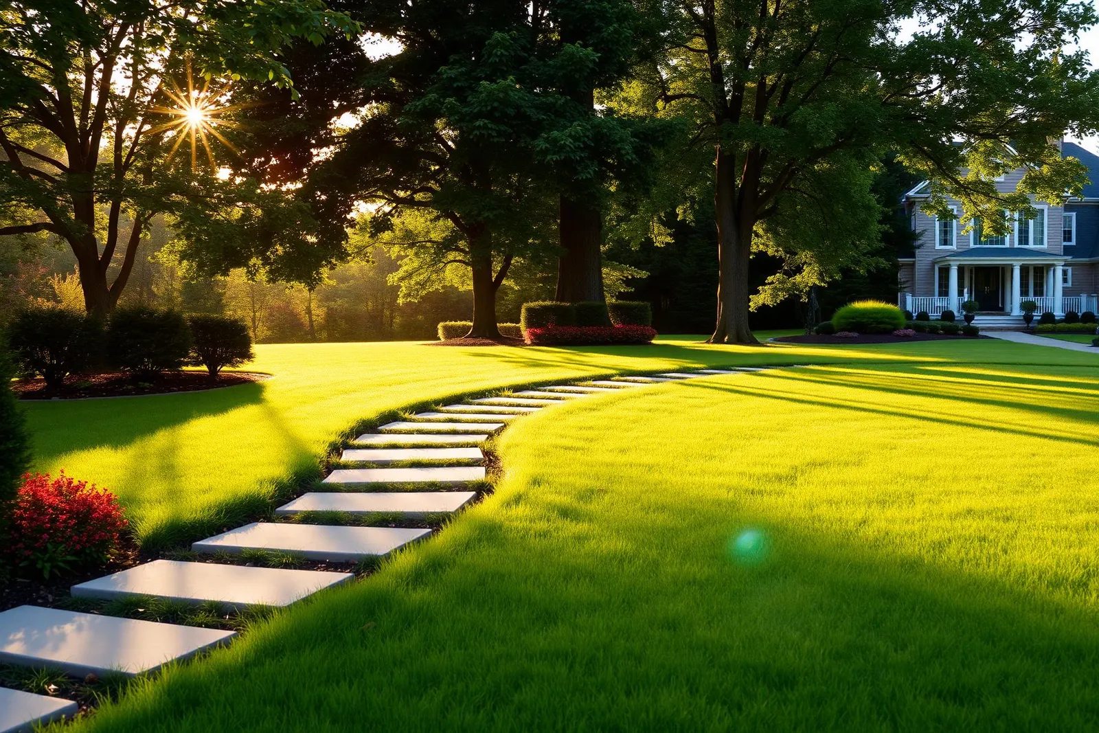 Beautifully landscaped lawn with stone walkway