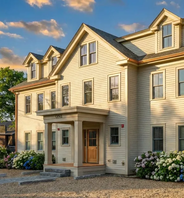 A beige two-story house at 17 Smith Place features dormer windows, a covered front entrance labeled "ONE," and blooming hydrangea bushes along the foundation.