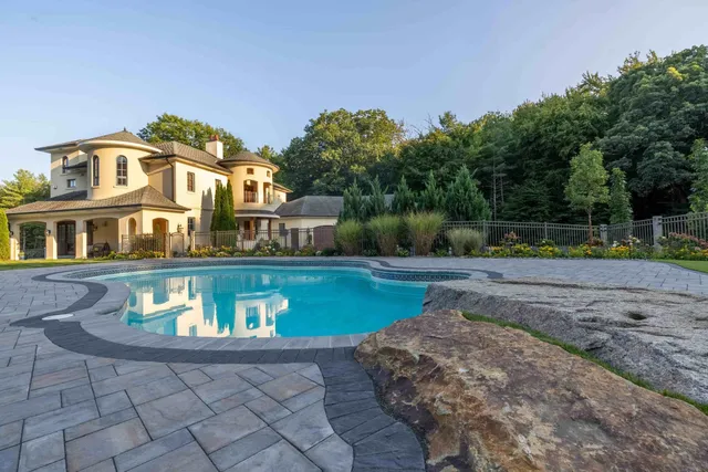 Beverly, MA landscape design: pool patio and stonework