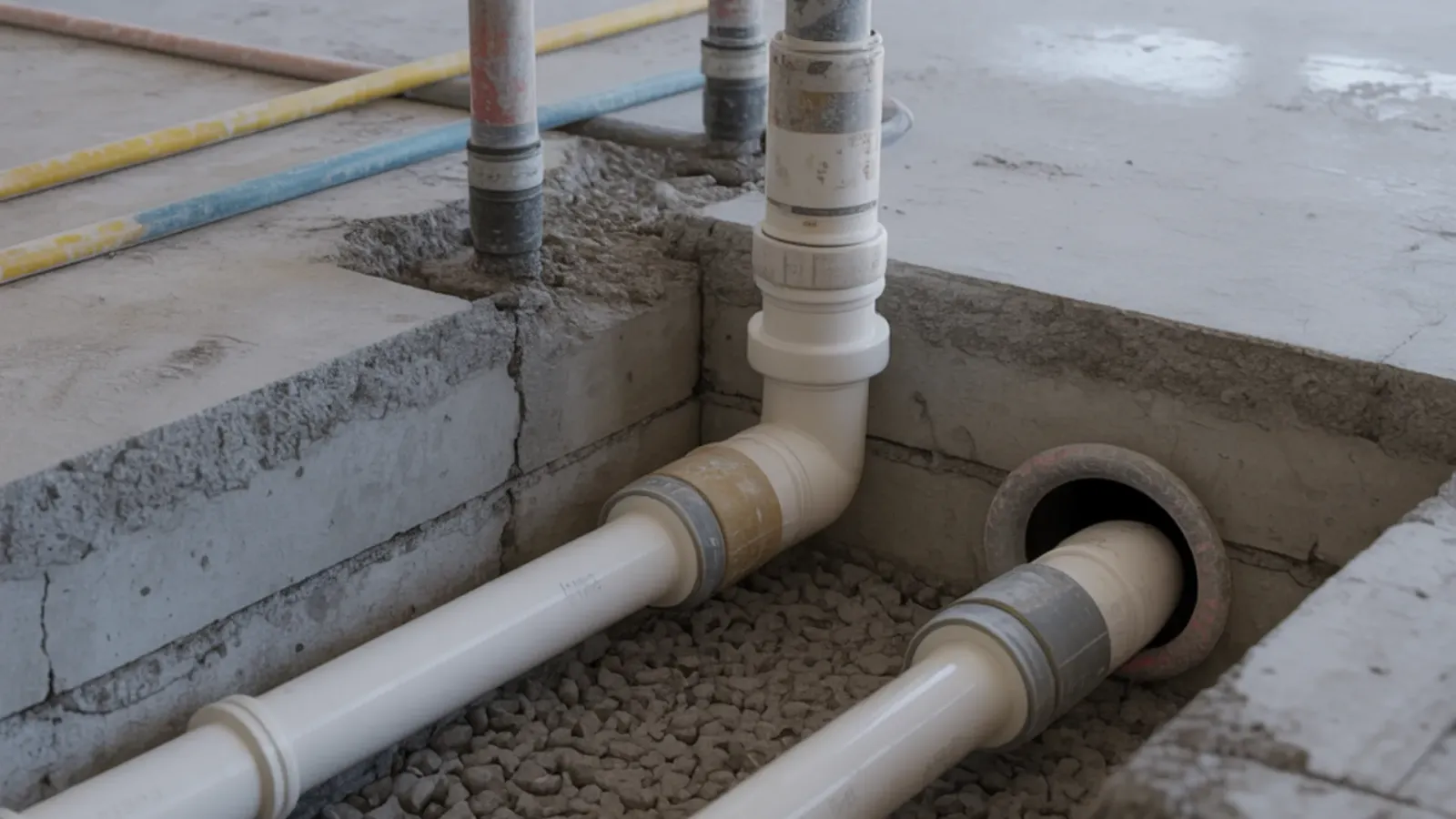 White PVC pipes and fittings in a concrete floor, plumbing installation.