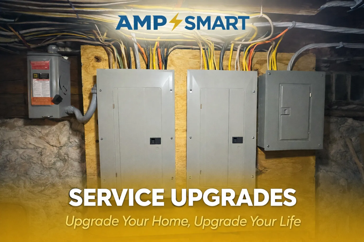 Electrical service panel and wiring in a basement wall with text overlay that says 'AMP SMART SERVICE UPGRADES' and 'Upgrade Your Home, Upgrade Your Life'.