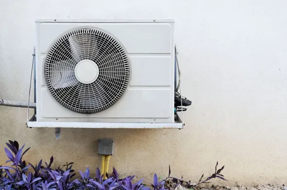 Air conditioning unit mounted on a light-colored exterior wall above purple plants.