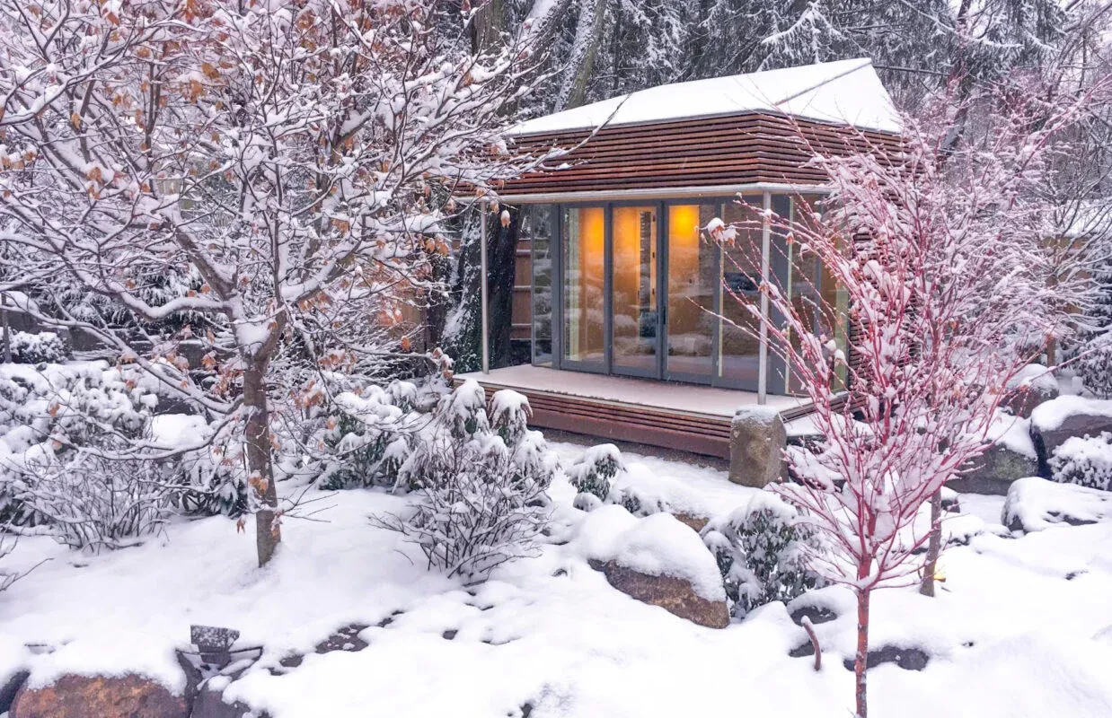 Snow, yoga studio, Japanese maple, winter
