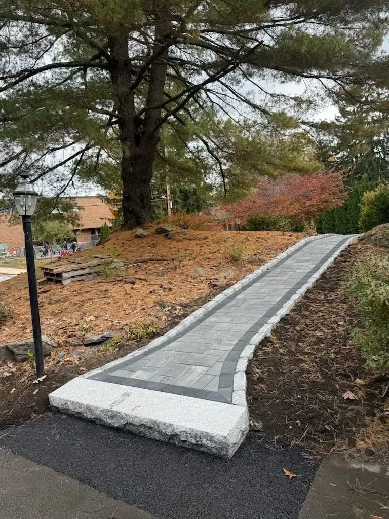 A paved stone walkway with granite curbing leads uphill through a wooded area near a street lamp.
