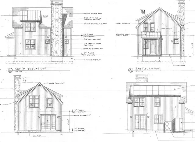 Architectural blueprint of a two-story house, showing front, north, east elevations with detailed notes on construction materials, roof, windows, and chimney.