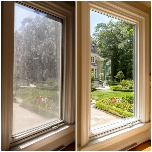 Interior window cleaning before and after in Braintree Massachusetts luxury home