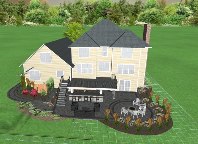 A rendering of a yellow two-story house with a gray roof, brick chimney, and multiple windows. It has a backyard with a black patio, outdoor furniture, plants, and a lawn surrounded by trees.